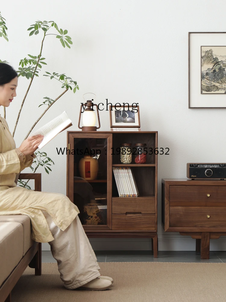 New Chinese Style Black Walnut Solid Wood Sideboard Integrated Wall Living Room Dining Table Sofa