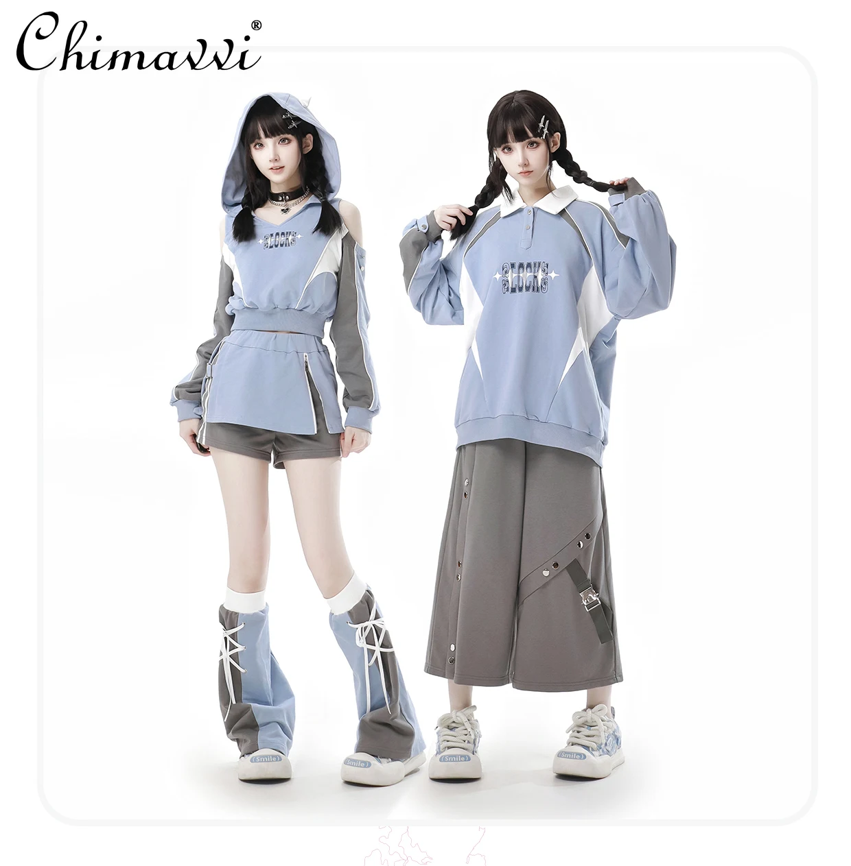 

Blue Gray College Splicing Sweatshirts Set New Autumn Japanese Long-sleeved Pullover Hoodies Culottes Leg Cover Women Outfits