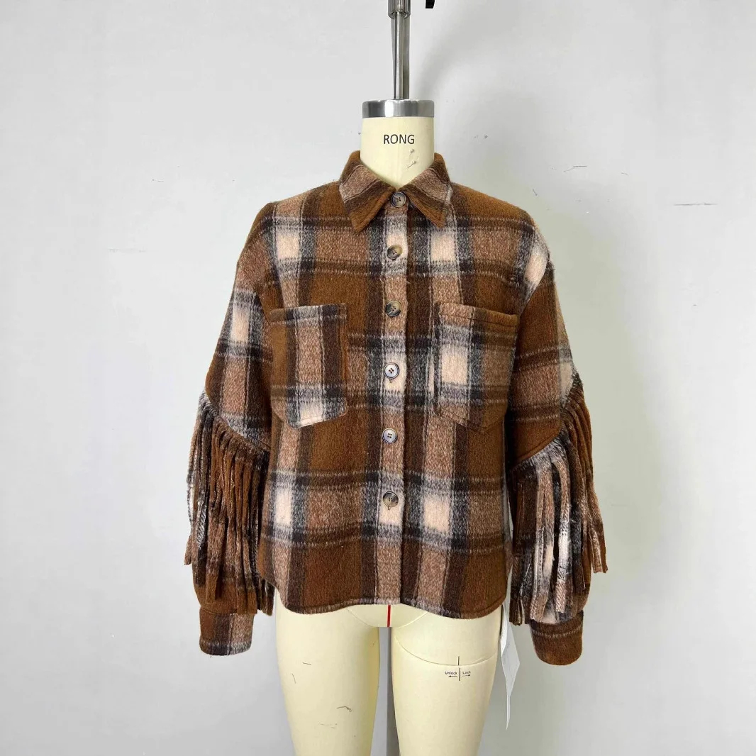 

Осень-зима 202, женские клетчатые пальто, шерстяная куртка с бахромой, отложной воротник, длинные рукава, однобортные, свободные, повседневные, офисные, женские