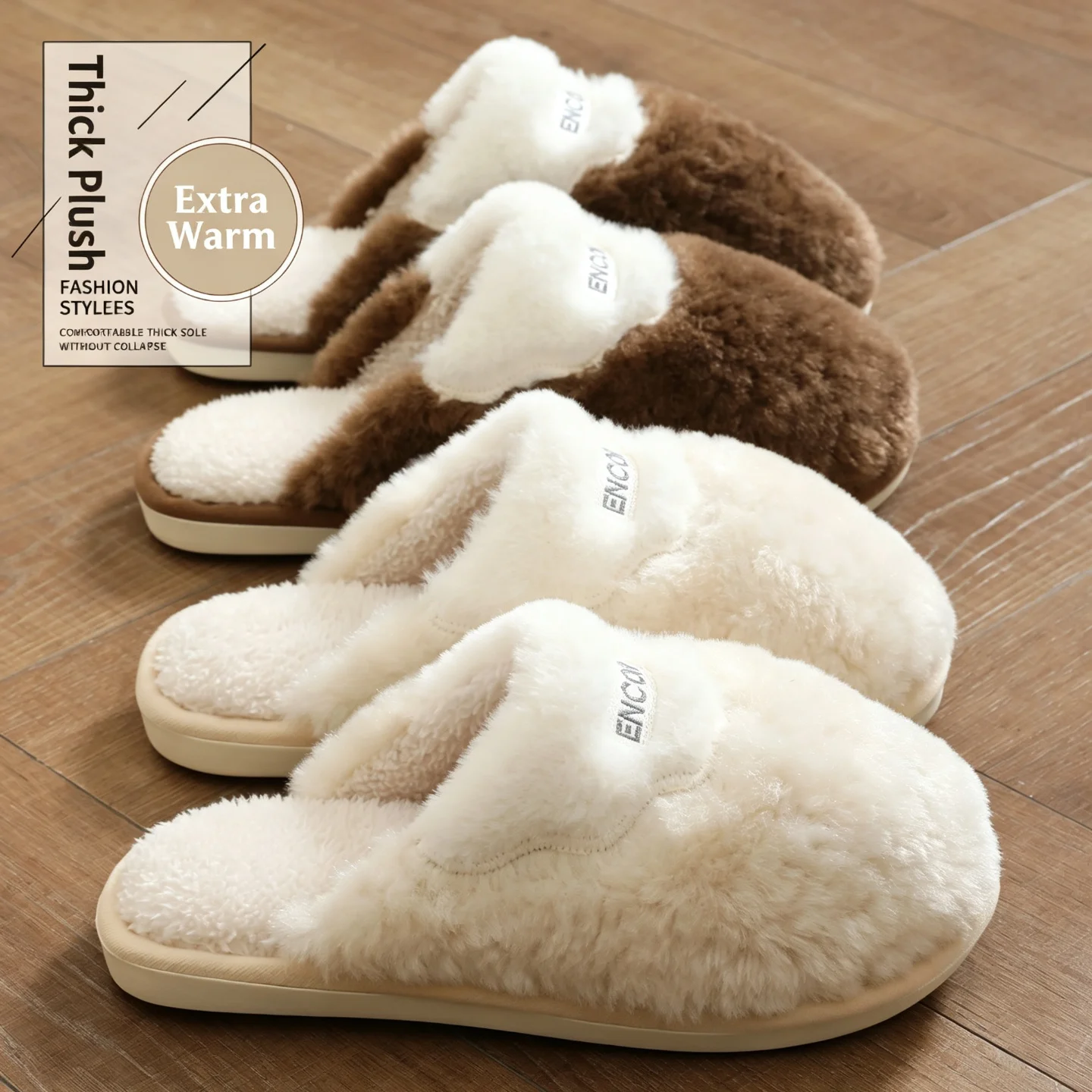 Winter Warm Slippers Women Men Fluffy Plush Closed Heel House Shoes Anti-Slip Soft Sole Memory Sponge Indoor Bedroom Mules