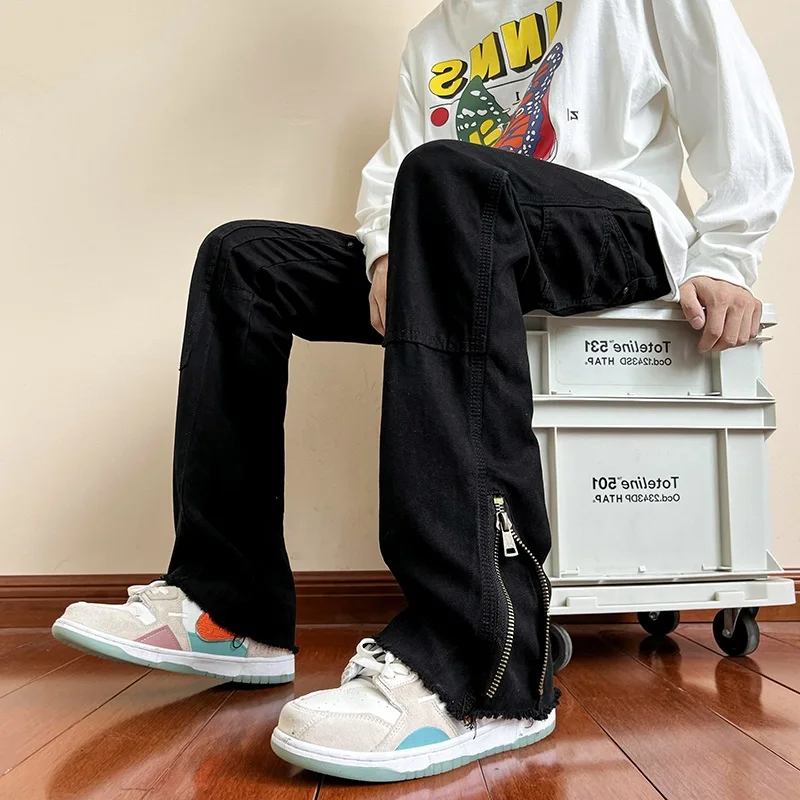 

Мужские джинсы прямого кроя в стиле хип-хоп, черные, длинные брюки, модный уличный стиль, с высокой талией, на молнии, повседневные, свободного кроя, осенние джинсы