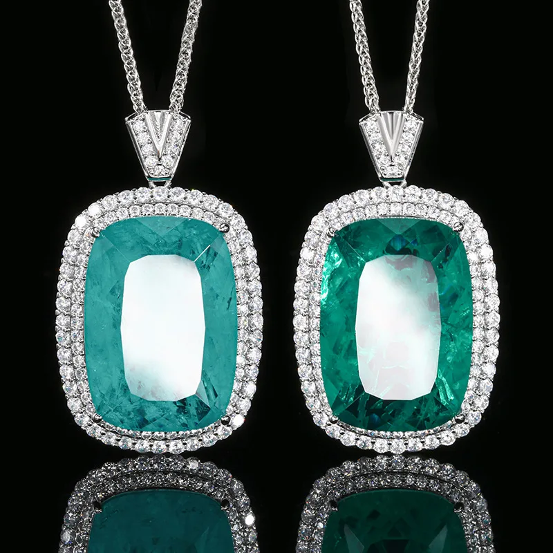 

Turquoise Blue Cushion Cut Rectangular Pendant Necklace Halo Setting Sparkling CZ Elegant Statement Jewelry Women Party Gift