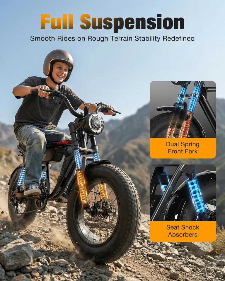 Hopepeak D10 Electric Bike, 16" Fat Tires Electric Mountain Bike, 1500W Peak Motor 48V 13Ah, 25 MPH 60Mi Range Off-Road Ebike with Full Suspension image 7