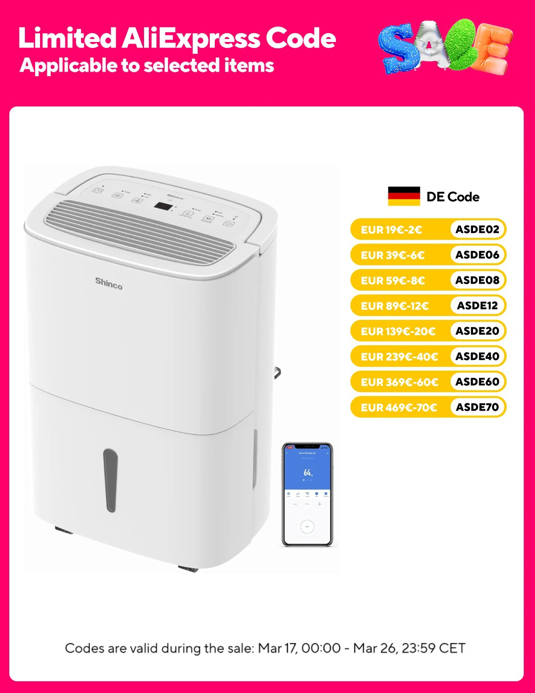 SHINCO 30L Electric Dehumidifier for 105 m³ (35 m²), WiFi, Energy Saving, Automatic Restart, Laundry Drying, 24H Timer