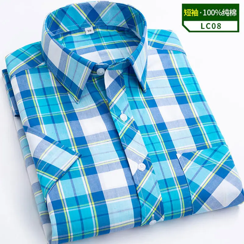 7XL 8XL Men\'s short sleeve shirt Summer 100% cotton high quality thin fashion plaid casual free wear breathable plus size