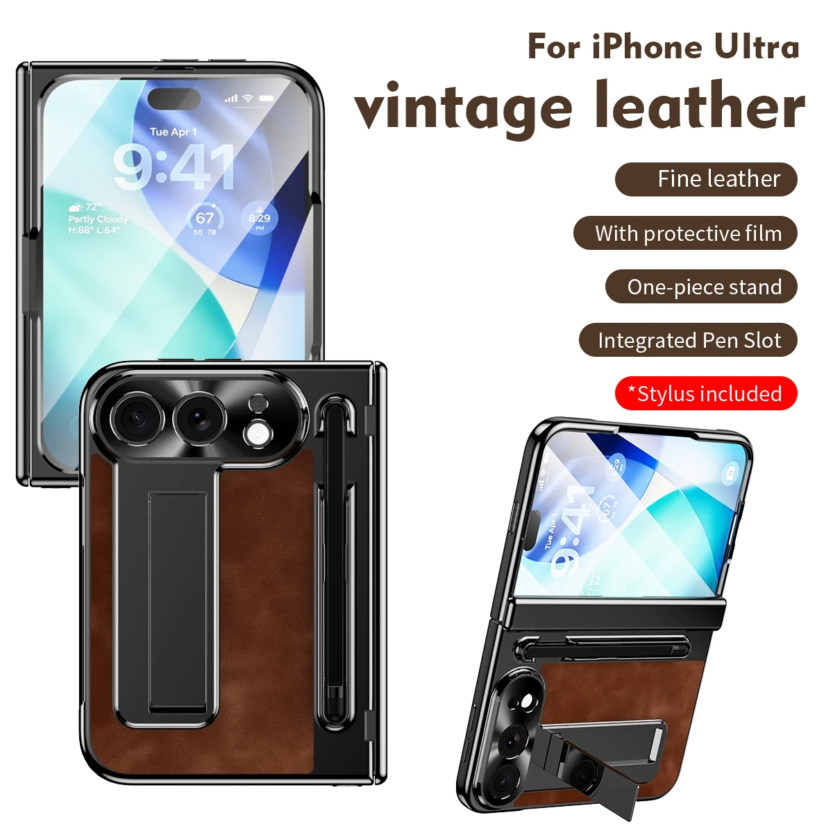 Electroplated Bracket Pencil Slot Leather Case‌ for iPhone Duo Shockproof Hinge Protection‌ Film-Integrated Cover