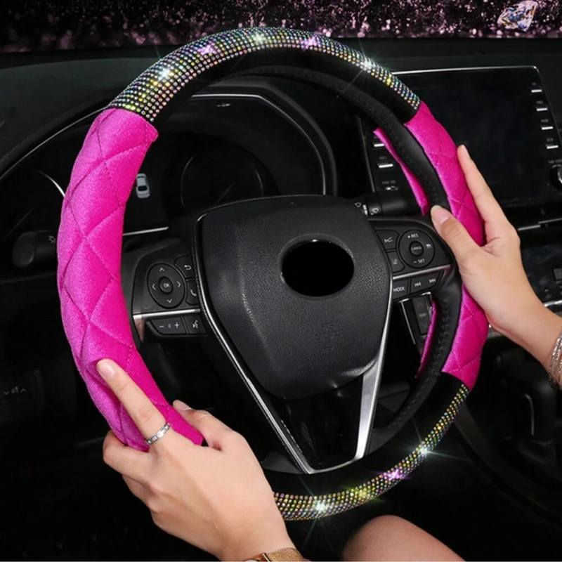 Luxury Rhombus Diamond Crystal Fashionable Plush Car Steering Wheel Cover 38CM Universal Interior Accessories Keep Warm