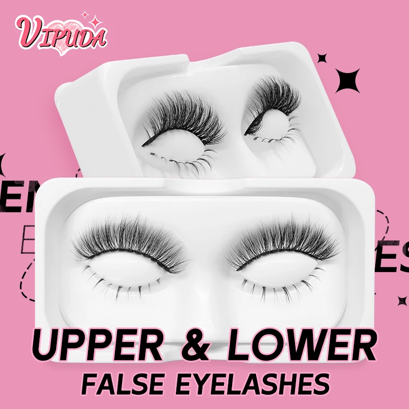 Soft Thick False Eyelashes Upper Lower Eye Lash Extension Set Natural Fake Lashes Dramatic Volume Faux Mink Clear Band Lash