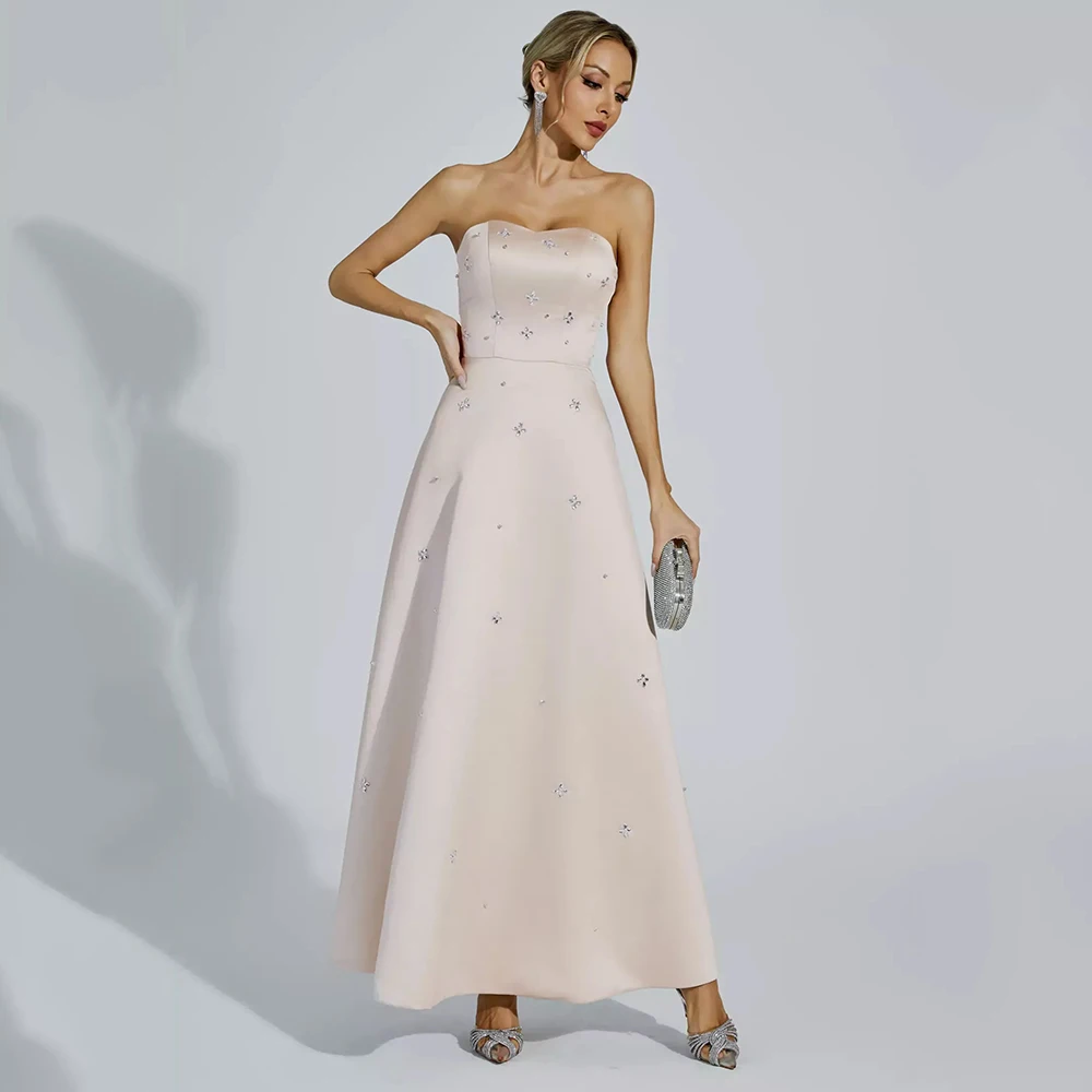 

Customized Sexy Strapless A-line Satin Evening Dress Sleeveless With Crystal Party Dress Backless Ankle Length Prom Gown