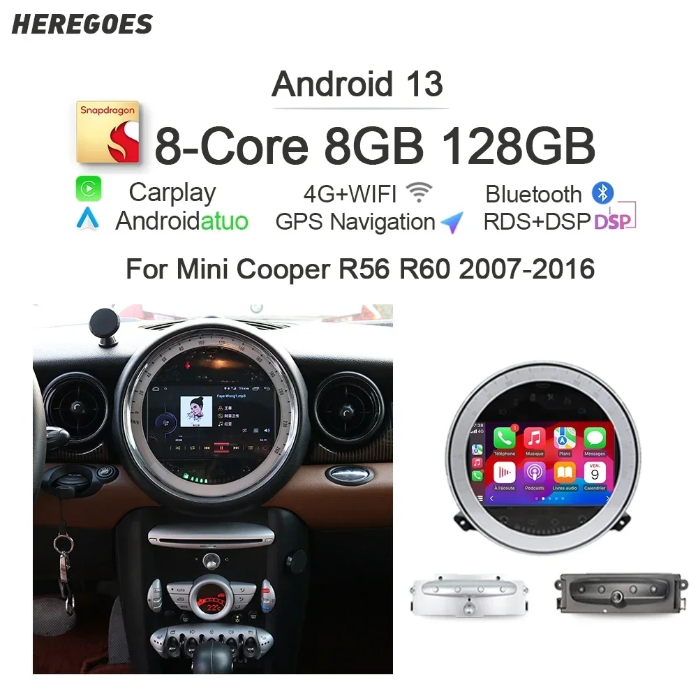 Carplay Qualcomm 8+128G Android 13 Car Radio GPS Player Navigation car audio For Mini Cooper Countryman R55 R56 R60 2007-2014