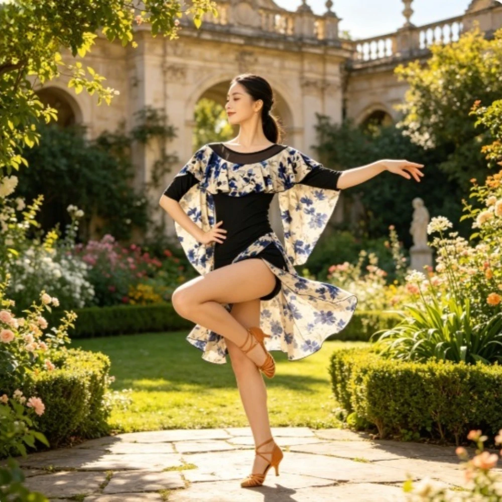 

Fashion Mesh Printed Dance Suit for Women, Crew Neck Mid Sleeve Yellow Outfit for Latin,Ballroom,Square Dance & Competition