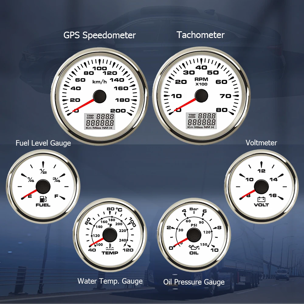 RHAXEL Gauge Set GPS Speedometer Gauge 200km/h 160MPH Tachometer RPM Fuel Level 0-190ohm Water Temp. Oil Pressure Voltmeter 12V