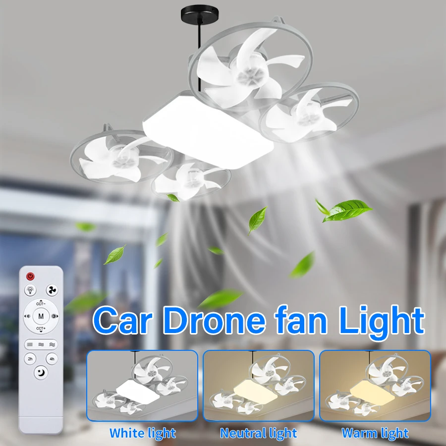 

E27 2-in-1 Drone Car Ceiling Fan Light with Remote Control AC85-265V 50W 3-Speed 3-Color Dimming Fan Light for Home Restaurant