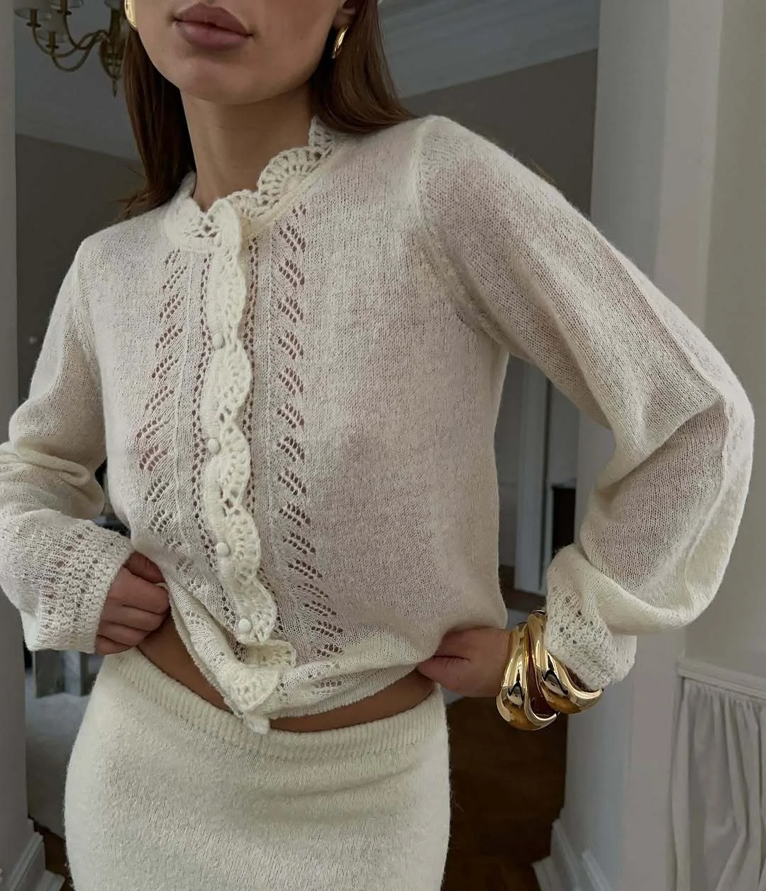 Maglione lavorato a maglia rotondo Ne Pure Color Cardigan aperto Top scollato in pizzo da donna Slim Fit lungo Sve Color Commute Sle