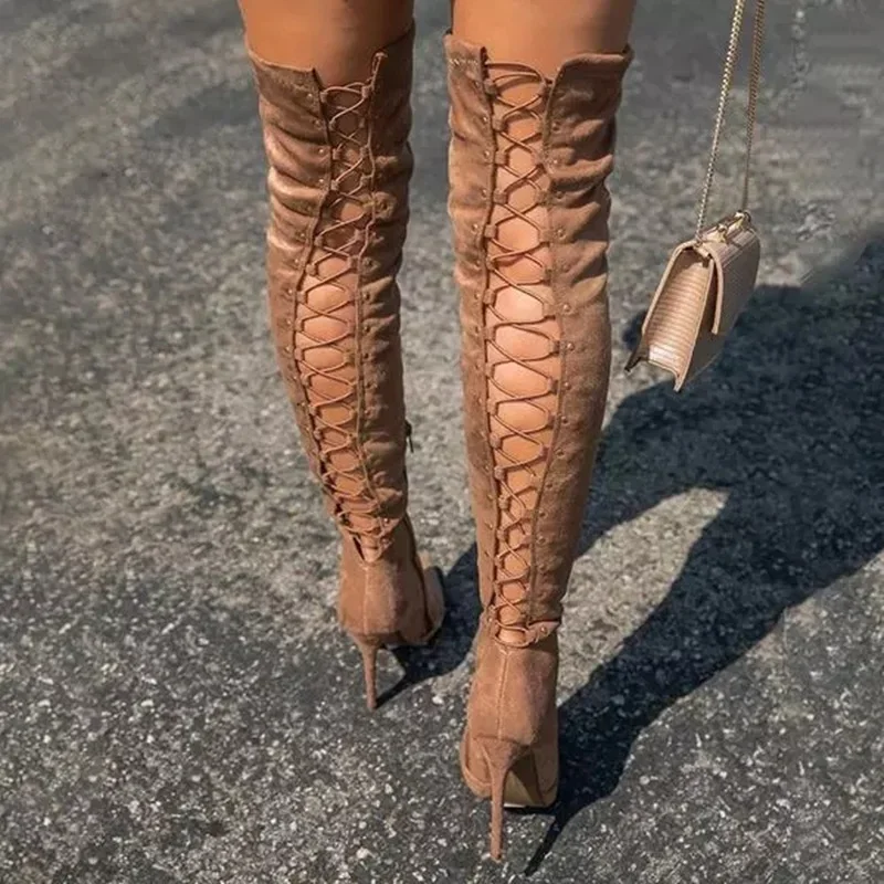 

Fashion Suede Pointed Toe Over The Knee Boots Stretch Thigh High Boot For Women Back Lace-up Thin Heels Winter Long Boots