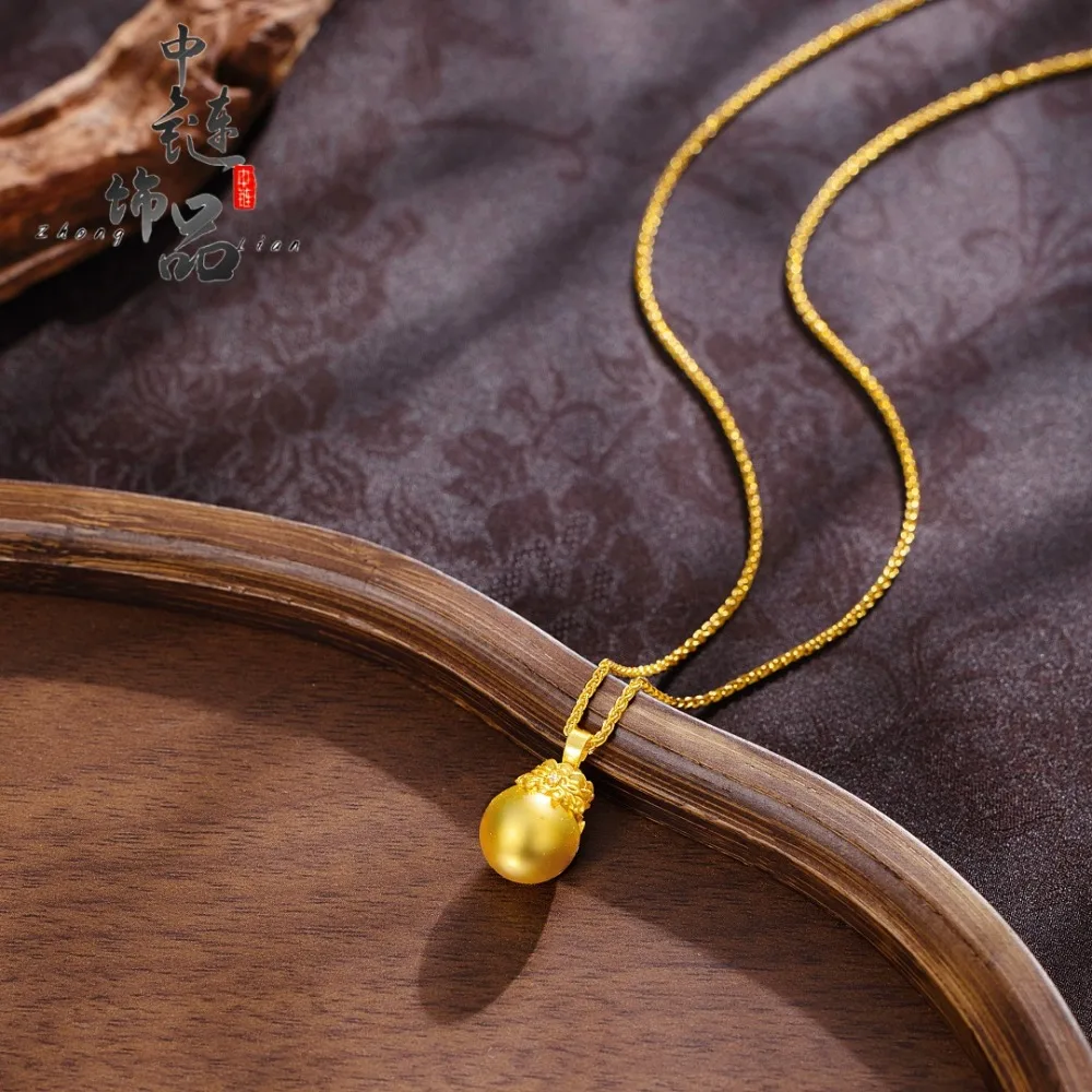 Diamond-encrusted lotus pendant with gold beads 9999gold