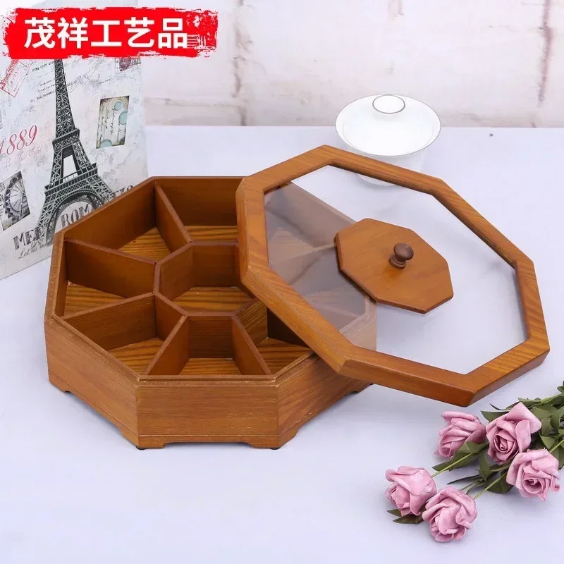 Wooden candy box storage box, multi-grid candy box, snack plate, wedding New Year dried fruit box with lid, wooden