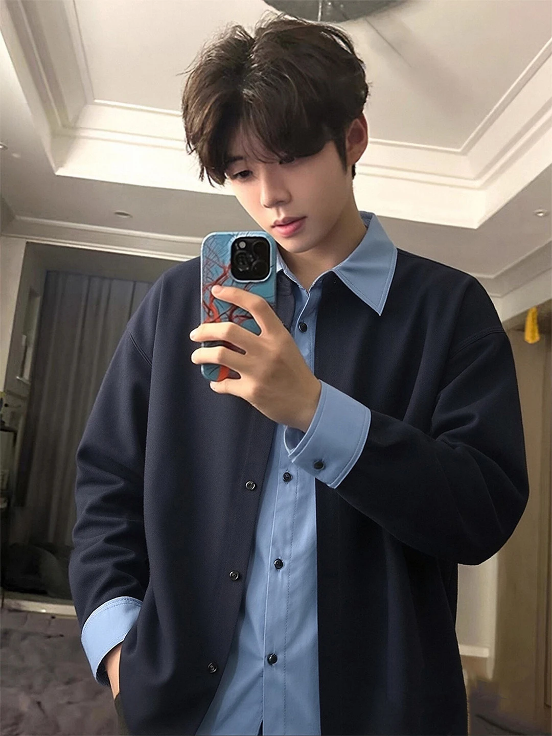 

Blue Long Sve Collar Jaet Men's Spring New Splicing Color Contrast Fake Two-Piece Outerwear Casual Sle Regular Length