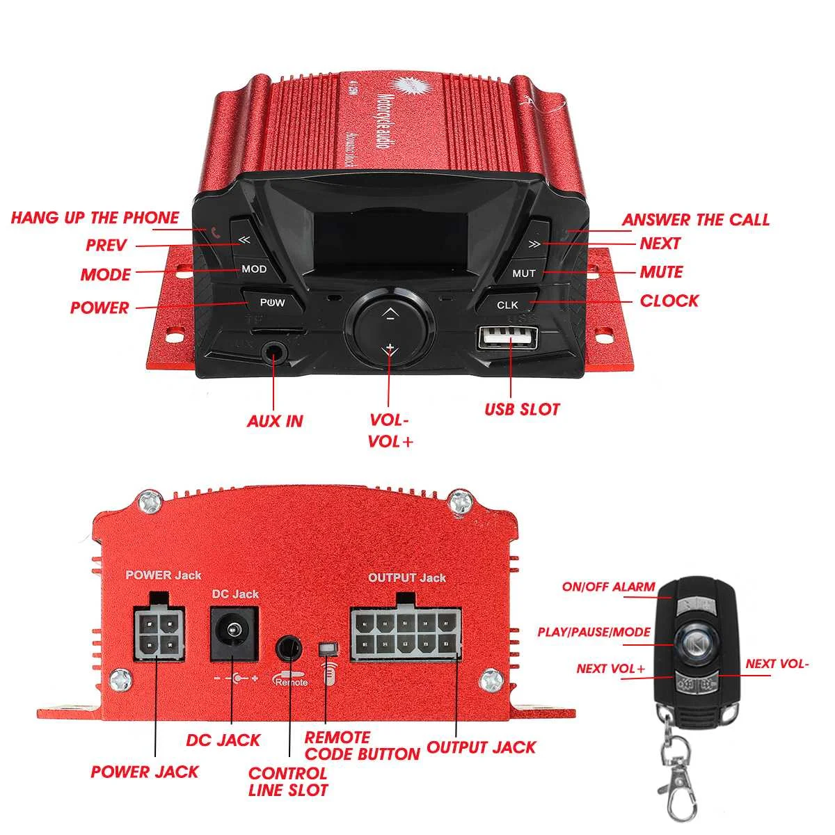 Motocicleta Bluetooth Rádio e Amplificador De Áudio Alto-falantes, Suporte Do Sistema De Som, USB, AUX, Rádio FM, Controle Remoto