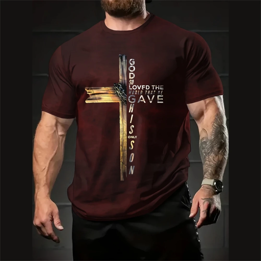 

Jesus Cross Print Men T-Shirt Summer Casual Short Sleeve Tee Micro Elastic Quick Dry Streetwear Oversized T-Shirt Men Sportswear