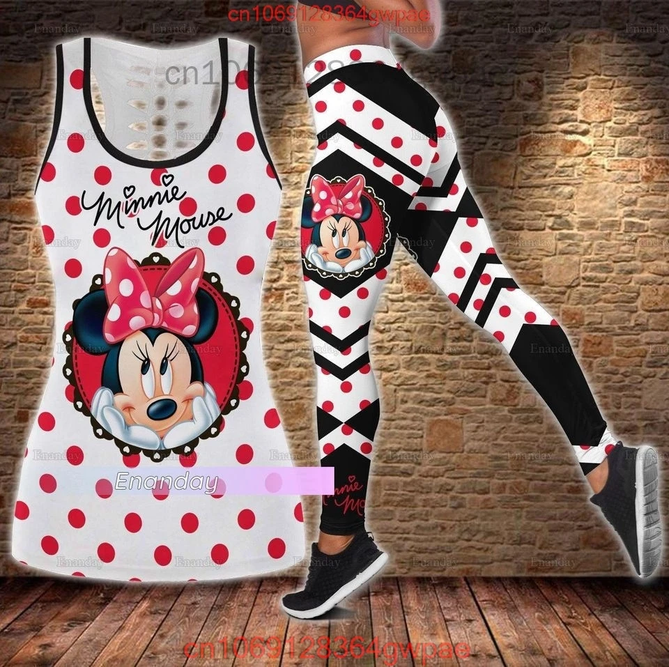 Minnie Mickey Women's Hollow Vest Women's Leggings Yoga Suit Fitness Leggings Sports Suit Disney Tank Top Legging Set Outfit