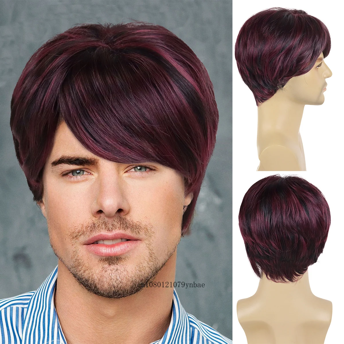 

Synthetic Hair Wine Red Wig with Bangs for Men Short Curly Wigs Natural Hairstyles Daily Cosplay Costume Party Adjustable Cap