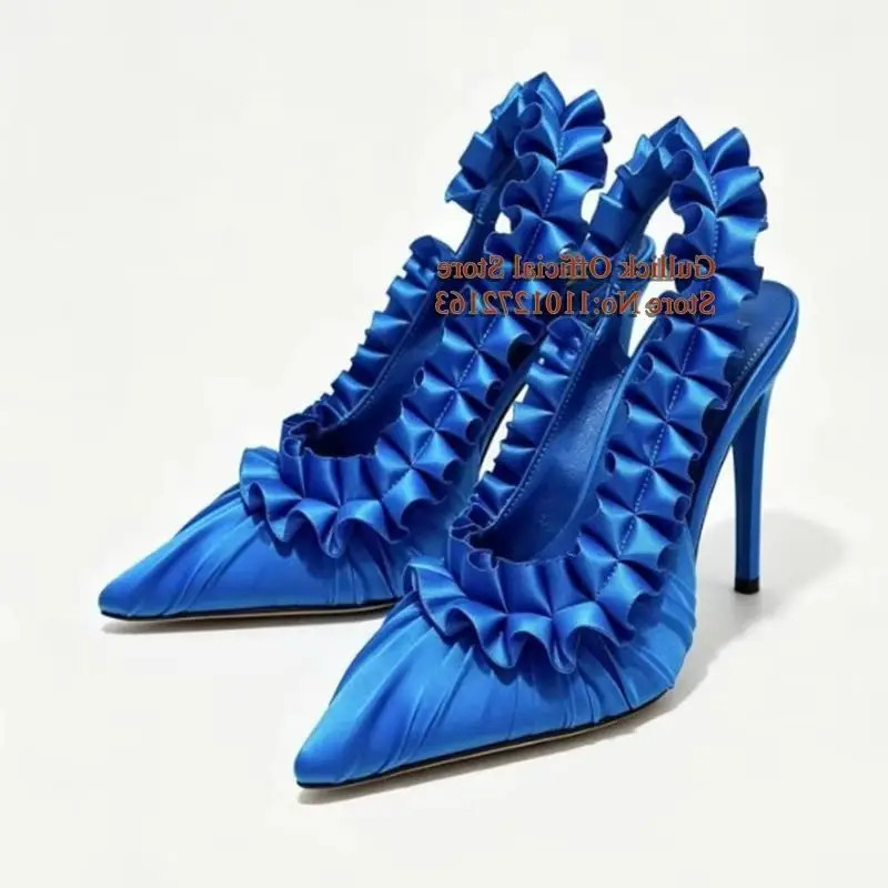Royal Blue Satin Ruffled Pointed Toe Slingback High Heel Pump Ruched Stiletto High Heels Formal Wedding Evening Party Shoes