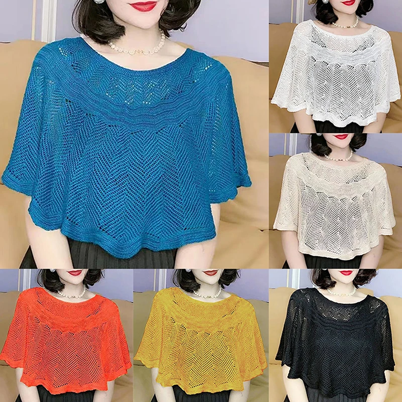 

Women's Knitted Hollow Cotton Shawl Scarf Blouse Summer Autumn Elegant Ladies Sun Protection Cloak Smock