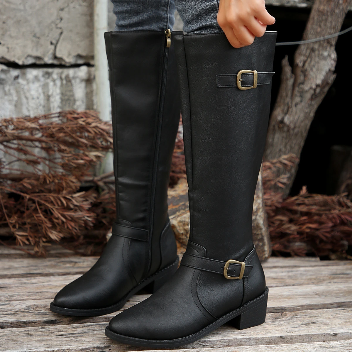 Women Boots Autumn Winter Knee High Boots Women Buckle Zipper Flat Long Boots Plus Size Comfortable Shoes Women Botas De Mujer