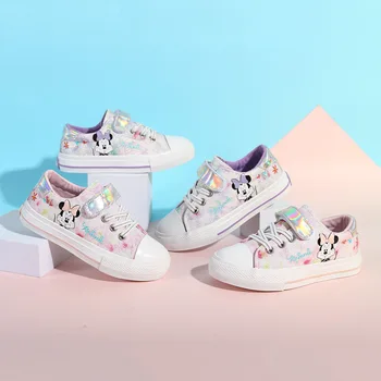 Disney Minnie scarpe Casual per bambini in pelle stampata scarpe da ginnastica traspiranti con tomaia bassa rosa per ragazze taglia 24-37