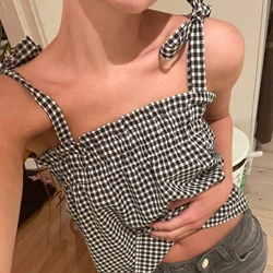 Gaono Y2k Women Gingham Cami Tank Top Crop Plaid Sexy Sleeveless Backless Slim Fit Square Neck Tie Going Out Camisole