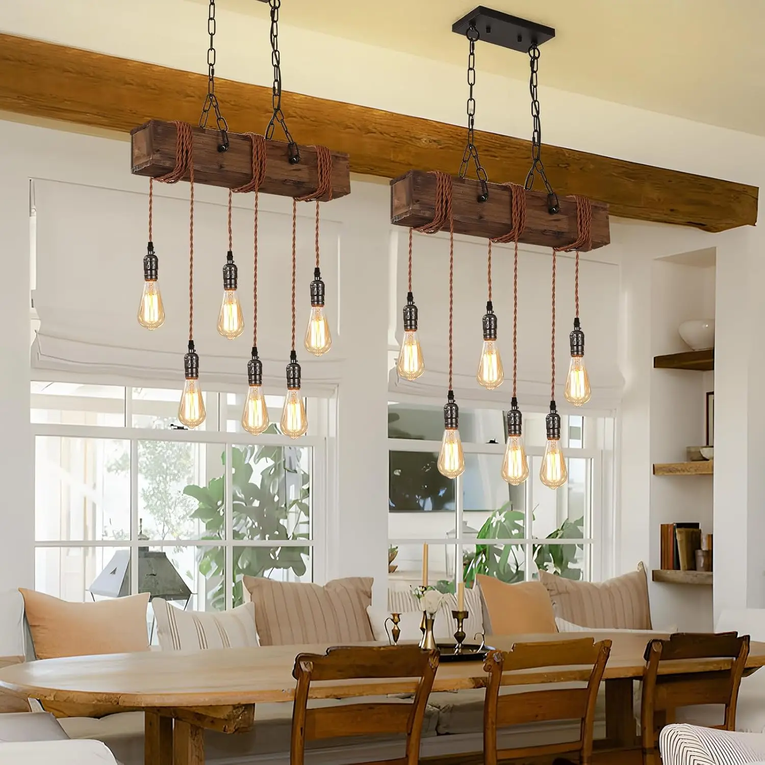 6-Light Farmhouse Chandelier - Rustic Wood Adjustable Pendant Light for Dining Room, Kitchen Island & Bar