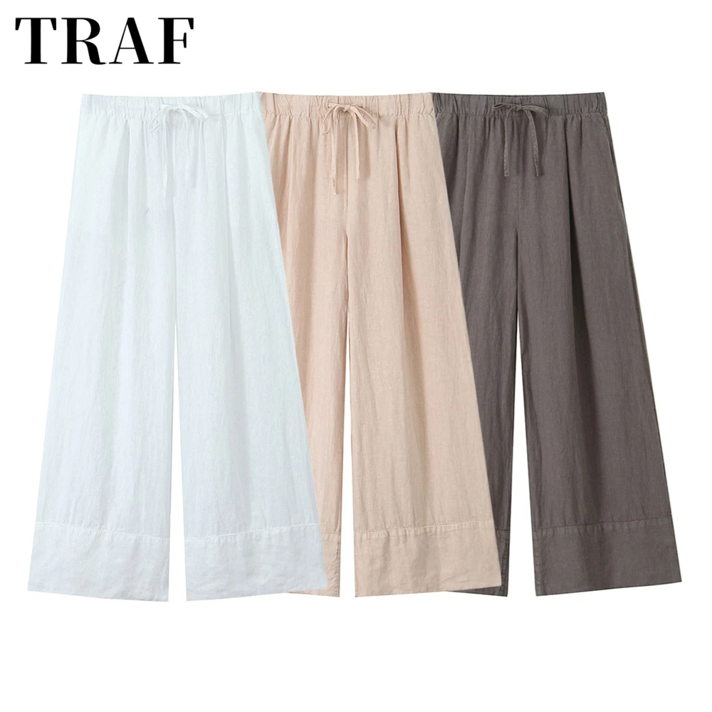 TRAF new elastic waist drawstring casual pants for women\'s loose wide leg pants straight leg pants versatile long pants