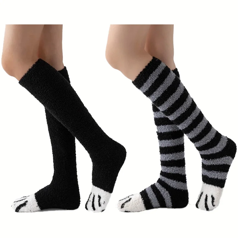 2 Pairs Women's Winter Warm Calf Socks - Thick Striped, Soft, Comfortable for Home & Leisure, Floor Socks