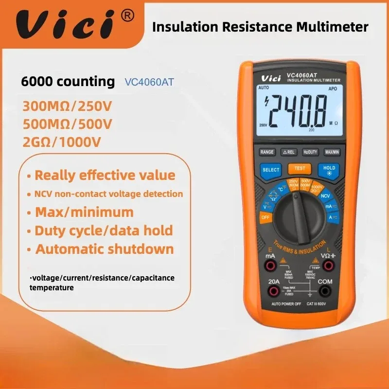 VC4060AT True RMS 2-in-1 Insulation Resistance Tester & Multimeter, 6000 Counts, 2GΩ@1000V, Temp, NCV, Voltage, Capacitance