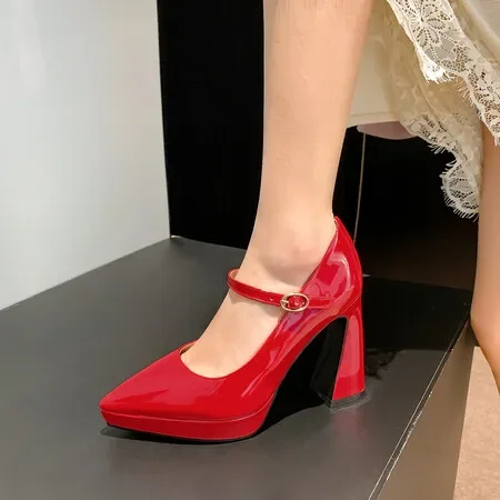 Spring and Autumn New Style Fashion Pointed Tip High-heeled Women's Shoes Shallow Mouth Buckle Simplicity Thick Heel Women Shoes