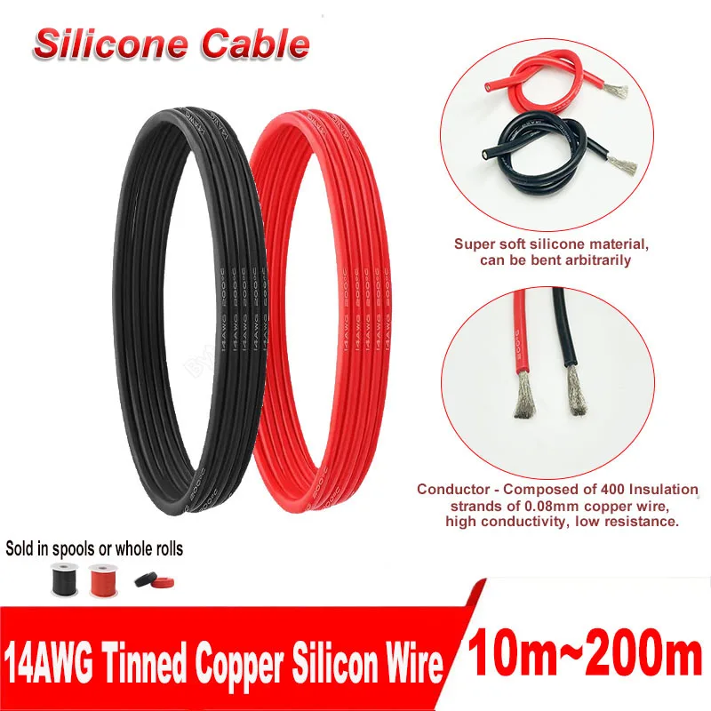 

14 Gauge Silicone Connecting Wire Soft Flexible High Temperature Resistant 200°C 600V 14 AWG Stranded Tinned Copper Cable