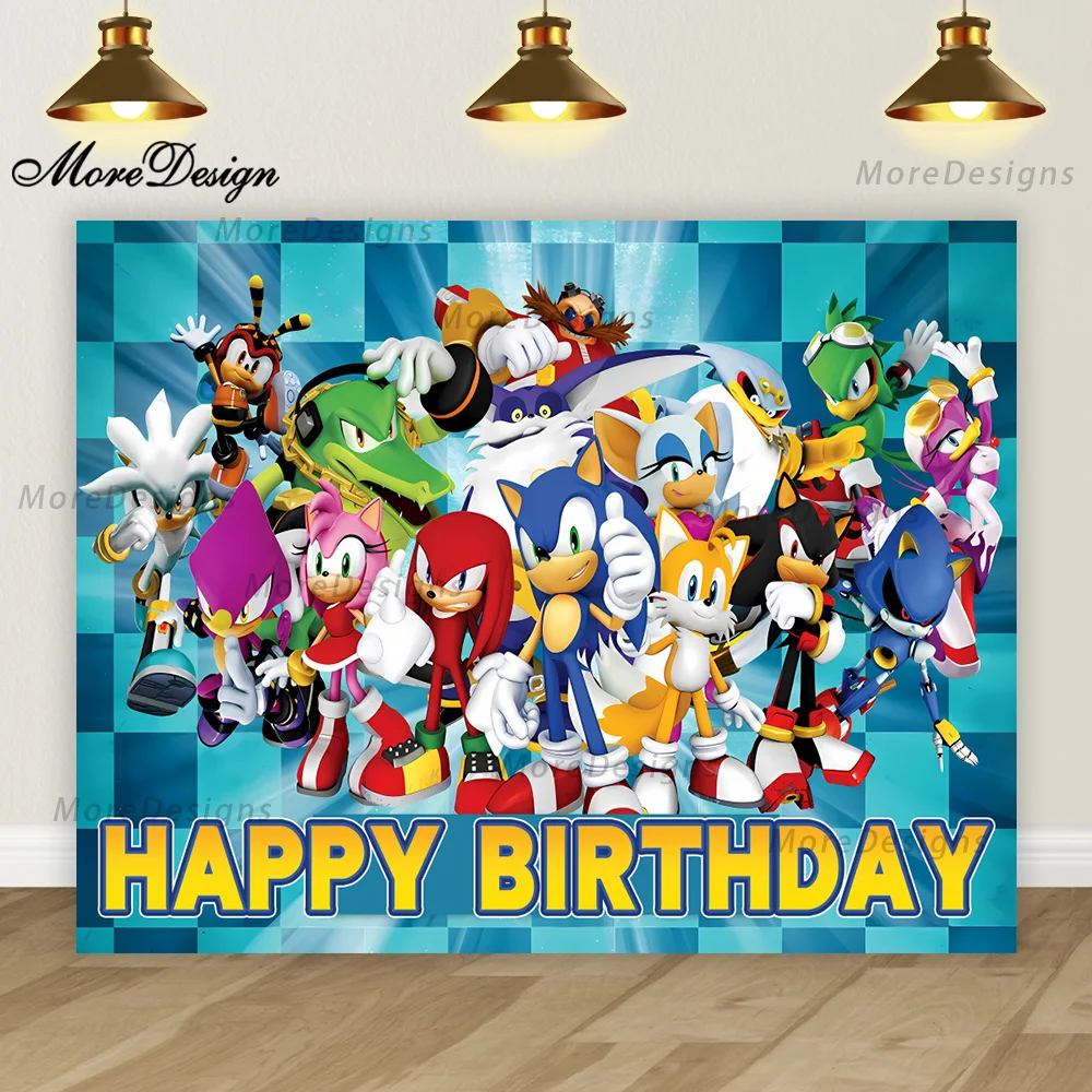 Sonic Birthday Banner Kids Boys Party Photo Backdrop Decoration Cartoon Vinyl Polyester Fabric Background