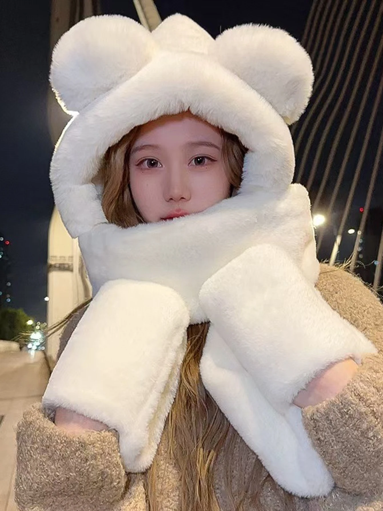 Autumn and Winter Cute Plush Hat Women's 3-Piece Scarf Glove One piece Thick Fury Outdoor Windproof and Warm Hat