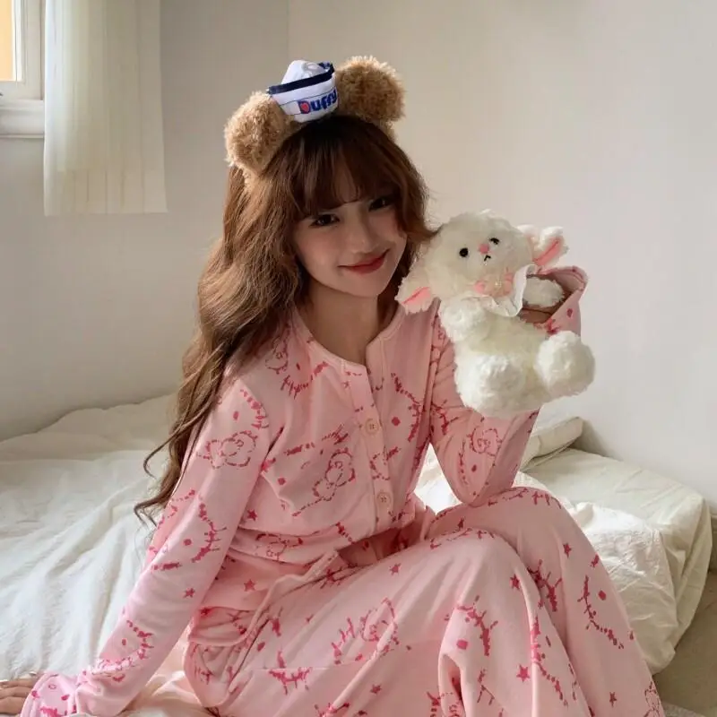 

Пижамный комплект Sanrio Hello Kitty с длинными рукавами и длинными брюками, флисовая женская домашняя одежда, милая теплая уютная осенне-зимняя новая ночная одежда с героями мультфильмов