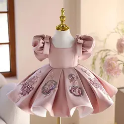 Jill Wish J483 Luxury Appliques Pink Girl Dress Square Collar Puffy Sleeve Princess Kids Wedding 1st Birthday Pageant Party Gown