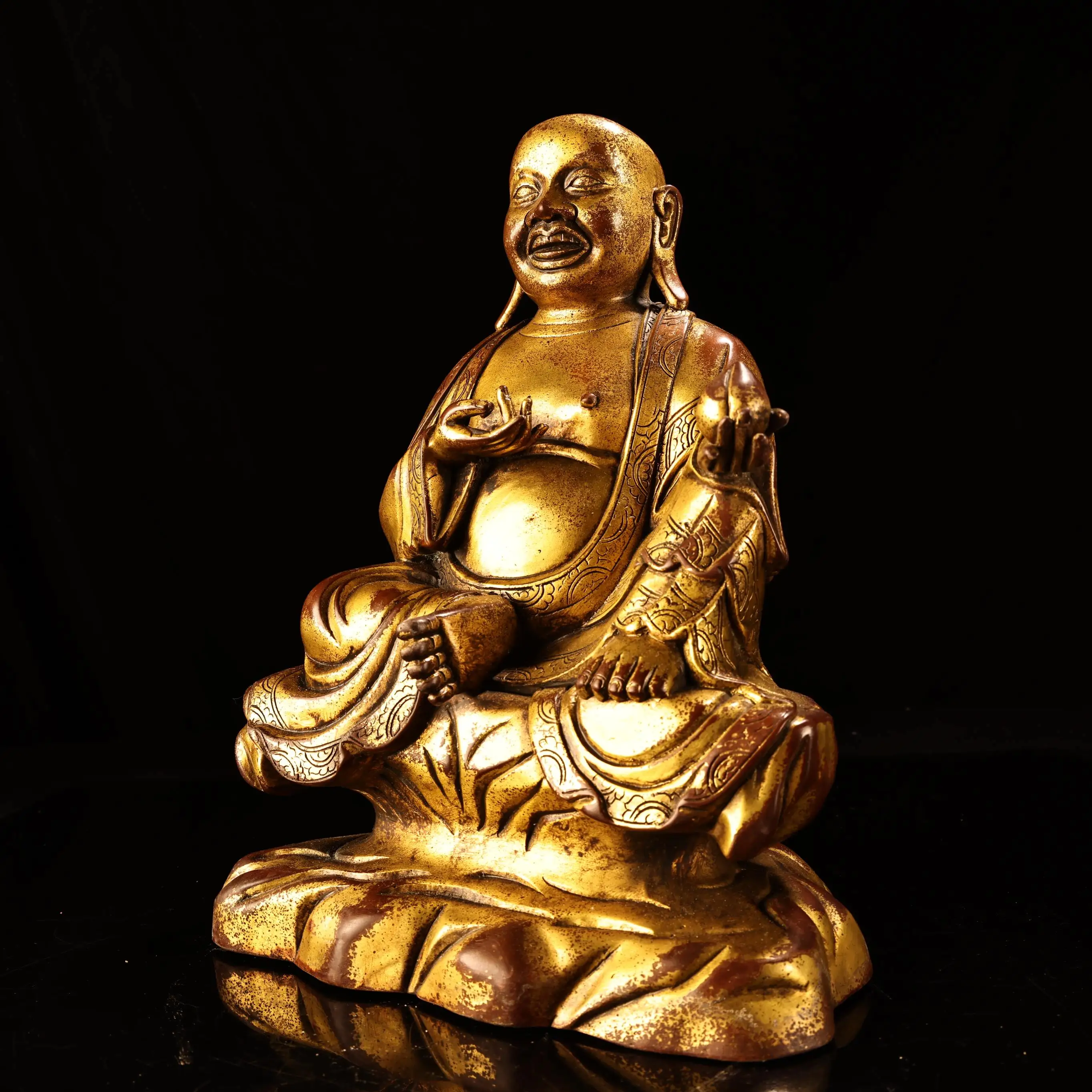 

11"Tibetan Temple Collection Old Bronze Gilded Cinnabar Maitreya Buddha Longevity Peach Buddha Lotus Terrace Worship Hall