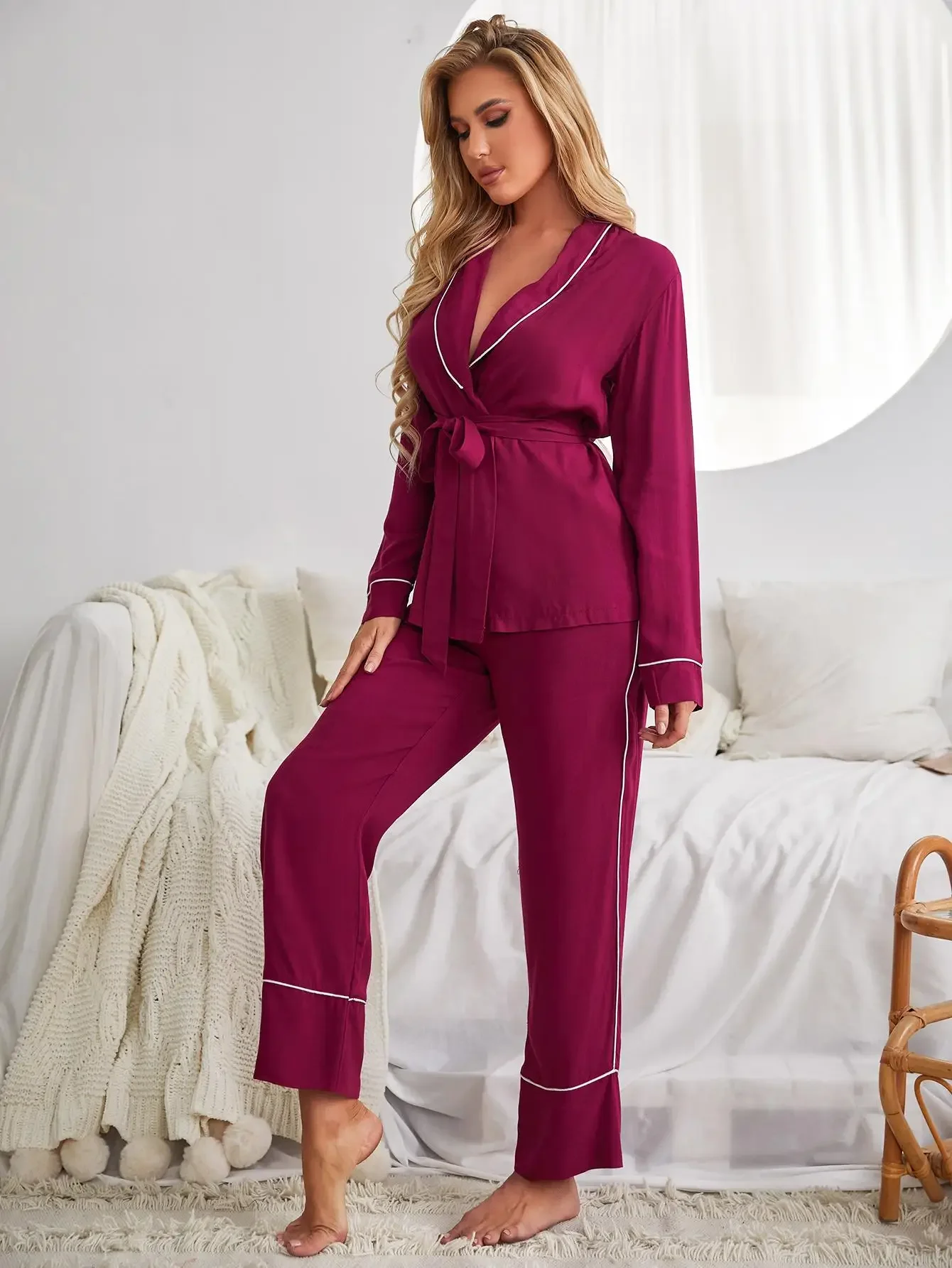 Solid Women Pajama Set Wrap V Neck Long Sleeves Waist Belt Top & Long Pants Sleepwear 2 Pieces Female Nightwear Homwear Cloth