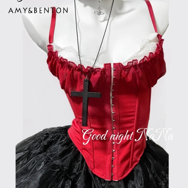 Gothic Punk Black Red Color Splicing Fishbone Women's Top Strap Original Design New Sweet Cute Mesh Puffy Short Skirt Set Ladies