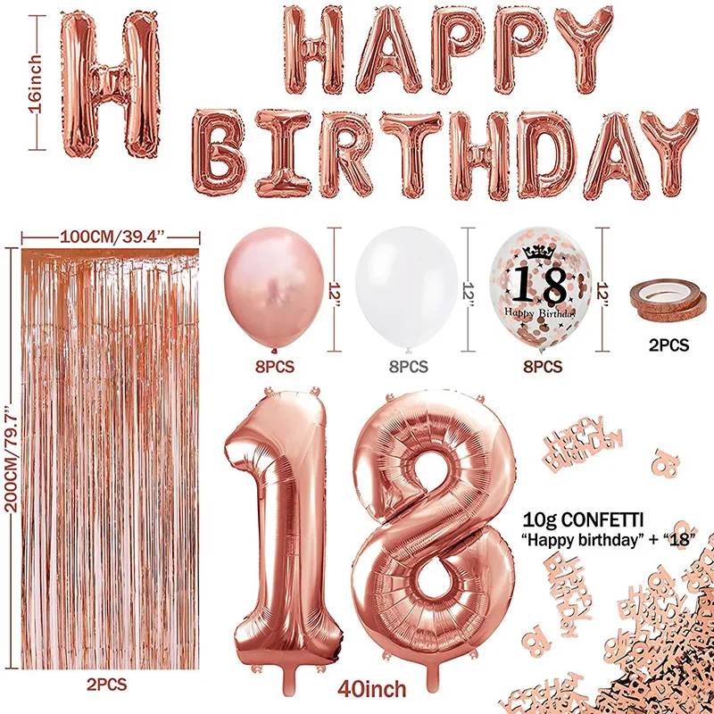 18th Rose Gold Birthday Party Decoration, Happy Birthday Banner, Helium Number Balloon 18th 21th 30th 40th 50th 60