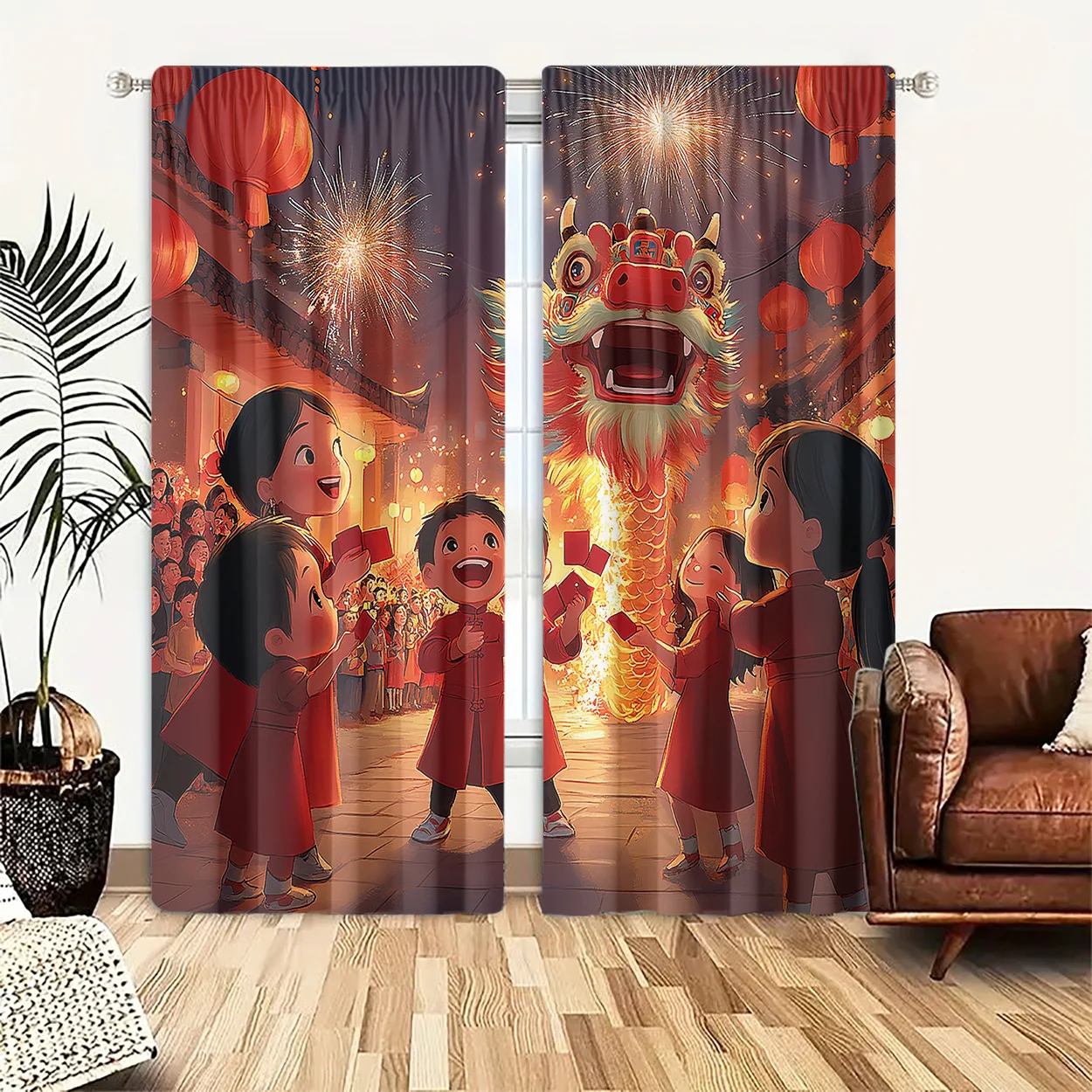 Chinese New Year Window Curtain 2 Panels,Cartoon Children Dragon Red Packet Festive Night Pattern,Drapes for Living Room Curtain