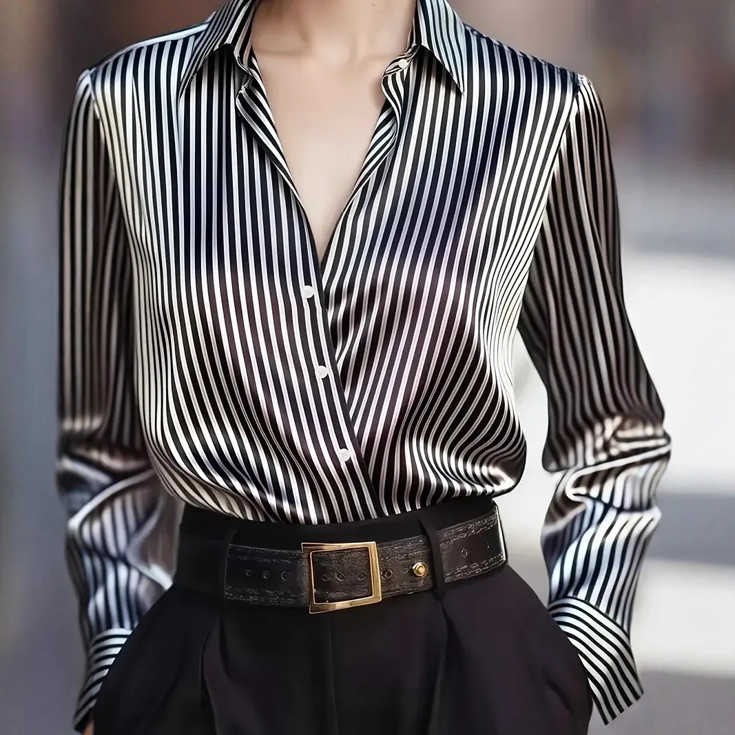 

Elegant Women's Long Sleeved Shirts Autumn Satin Smooth Retro Striped Shirt For Women Blusen Damen 긴팔 오피스룩 Korean Style Clothes
