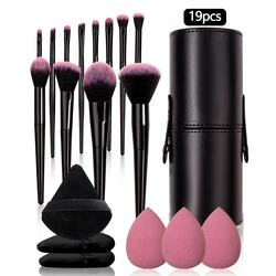 19PCS set of 12 makeup brush sets +3pcs triangular powder puff +3pcs non-powder makeup egg +1pcs makeup brush storage bucket