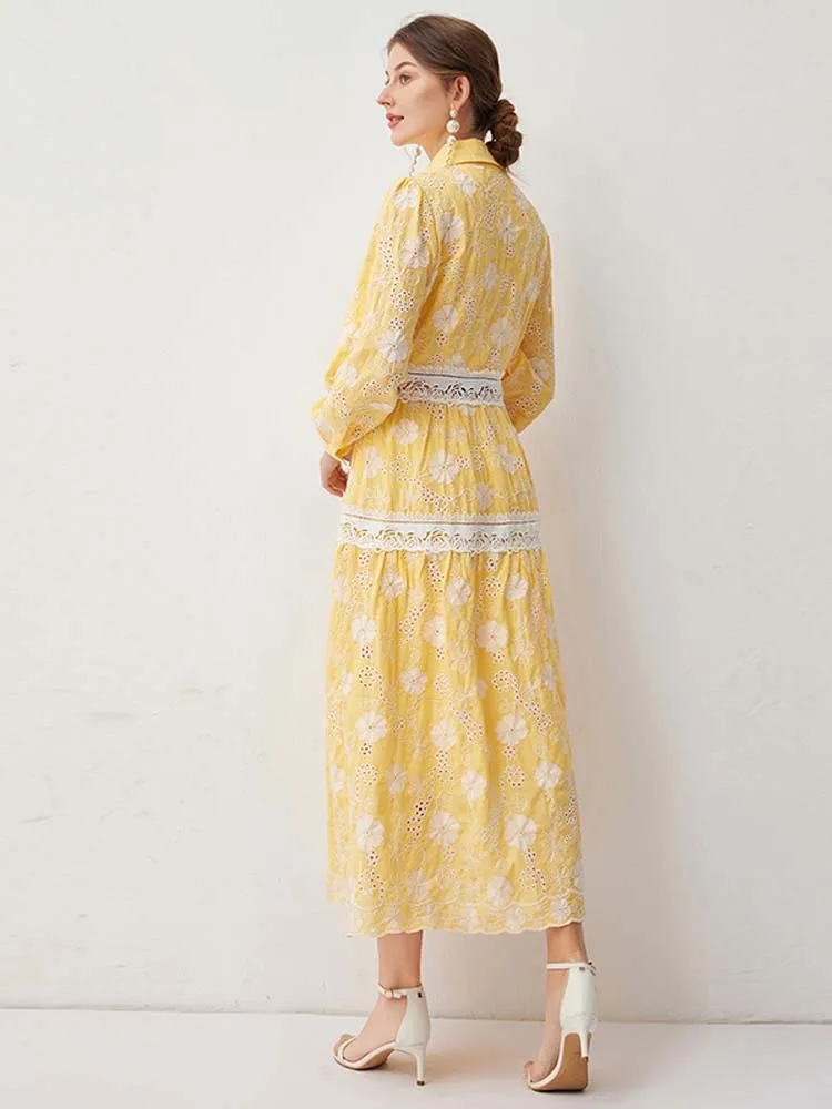 Luxury Vintage Floral embroidery shirt dress Women's 2025 New Elegant Long sleeve lace patchwork Midi dresses Beach INKEO 5D134