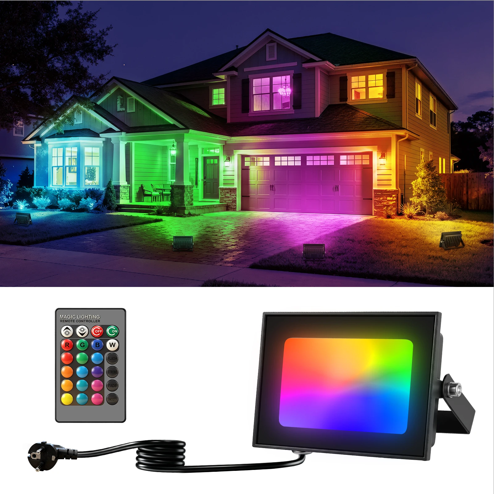 RGB LED-Flutlicht 20W/30W/50W/100W IP66 Wasserdichter Outdoor-Farbwechsel-Scheinwerfer für Garten, Party, Bühne und Gebäude